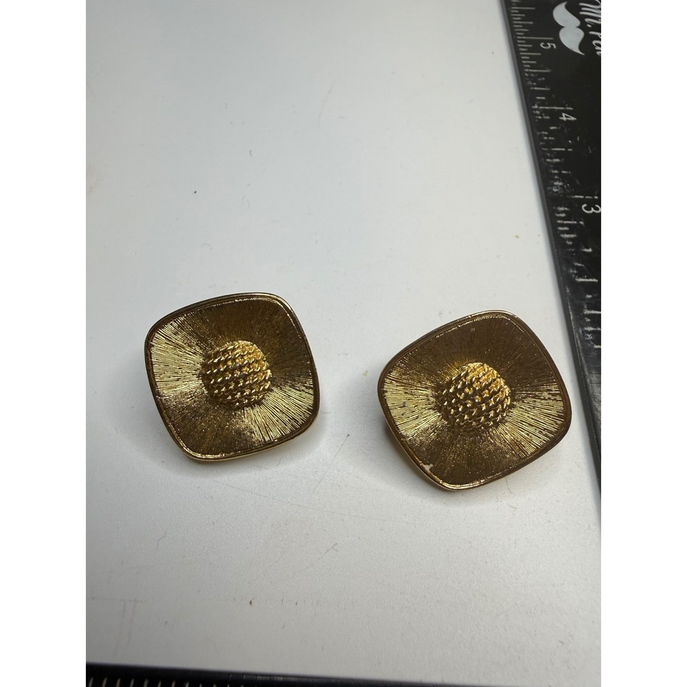 Monet Gold Tone Square Textured Clip On Earrings Sunburst Pebbled Dome Statement